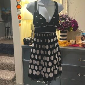 👑Black and white polka dot dress layered look lined skirt
